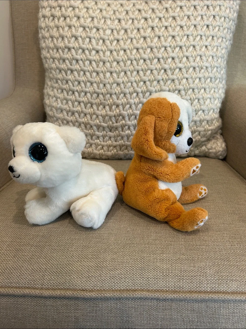 Plush Pair: White Polar Bear and Tan Puppy with Sparkly Eyes